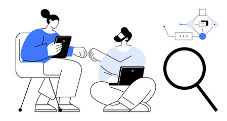 Two professionals interacting with a tablet and laptop, magnifying glass, and flow diagram. Ideal for teamwork, cooperation, research, data analysis, communication innovation education. Simple flat