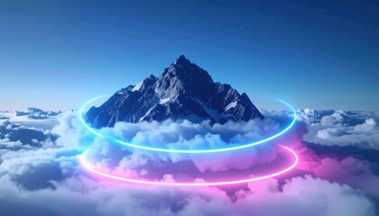 Majestic mountain peak shrouded in fluffy clouds, framed by vibrant glowing neon light rings of cyan and magenta, set against a gradient of blue sky with subtle twinkling stars.