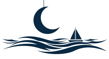 Stylized vector seascape under the moon with sailboat silhouette creates a serene maritime feel