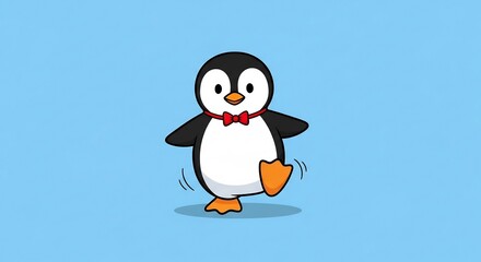 Fototapeta premium Cute penguin cartoon for Christmas cards or zoo themed children's books. Adorable animal illustration for educational materials, party invites, or festive designs.