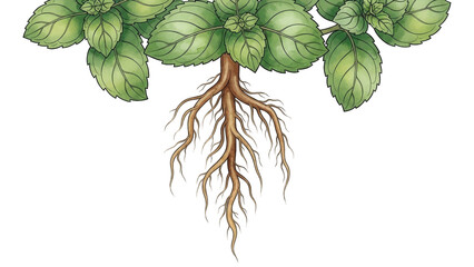 Plant with green leaves and brown roots on a white background.