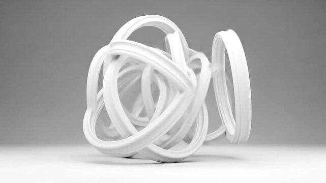 Abstract white sculpture tangled in complex loops against a gray background