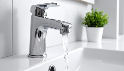 Modern Chrome Faucet with Running Water in a Clean White Bathroom Sink