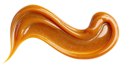 Artistic caramel sauce forming decorative curl isolated on transparent background