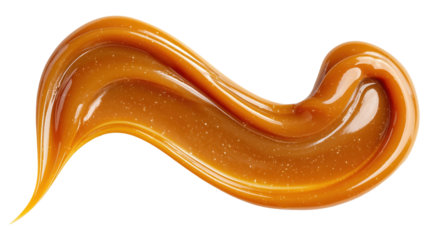 Artistic caramel sauce forming decorative curl isolated on transparent background