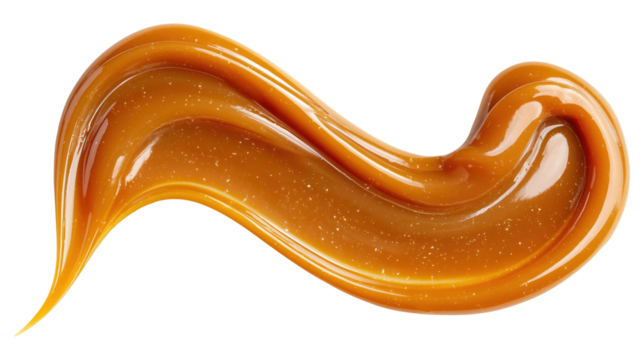 Artistic caramel sauce forming decorative curl isolated on transparent background