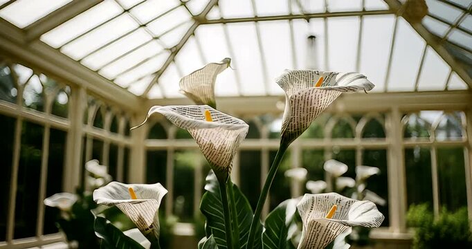 Elegant calla lilies in a bright conservatory with lush greenery outside