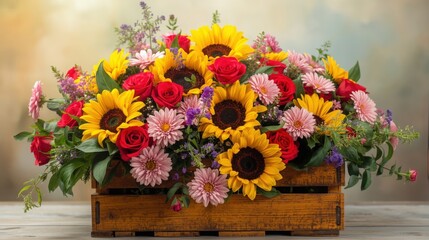 Obraz premium A wooden crate filled with sunflowers roses and gerbera daisies on a light colored surface near a wall
