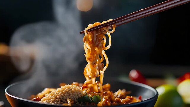 Delicious steaming noodles being lifted with chopsticks from a bowl.