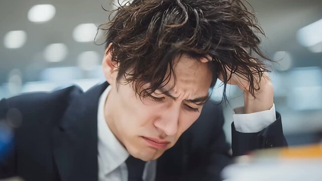 Japanese  stressed asian businessman overworked and burnout in office with paperwork stack