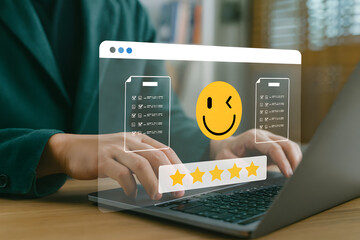 Customer giving five-star satisfaction feedback on laptop with smiley face emoji, representing positive online review, quality service, and user experience improvement