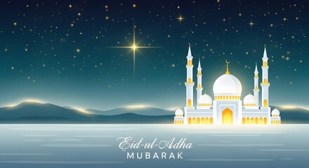 Beautiful eid aladha mubarak greeting with a mosque under a starry night sky and glowing mountains, symbolizing peace and celebration
