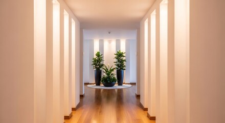 Fototapeta premium Hallway view with three large plant pots set against a white stripe backdrop at the end