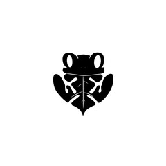 Elegant black frog design featuring a leaf shape integrated into its body. A modern, minimalist symbol of nature, wildlife, and growth.