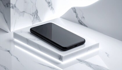 Plain black tech gadget resting on white marble slab, illuminated by futuristic ambie