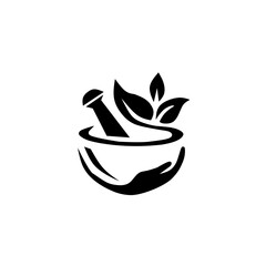 A black silhouette logo showing a mortar and pestle held by a hand, topped with fresh leaves. Represents herbal medicine, pharmacy, organic, and natural wellness.