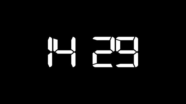 White color digital timer number icon animation . Digital clock with time 14 hours 29 minutes on black  background.
