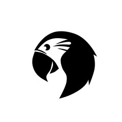 Black silhouette of a macaw or parrot head set within a circular frame. A strong, minimalist icon symbolizing exotic wildlife, intelligence, tropical nature, and communication.