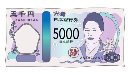 令和6年の津田梅子の新しい五千円札のデザイン五千円札・日本新札イラスト・新五千円札のデザイン 