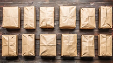 distribution. Minimalist arrangement of parcel boxes on a wooden surface for delivery concept. mobility guides, transit brochures, designed for mobility and urban transit guides.