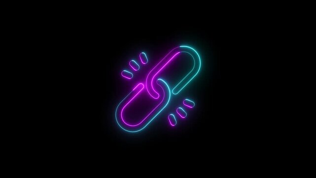 Glowing neon chain link icon animation abstract backlink connection symbol design. Abstract neon glowing of chain icon. Chain icon in continuous line of chain icon. 4k video motion animation.