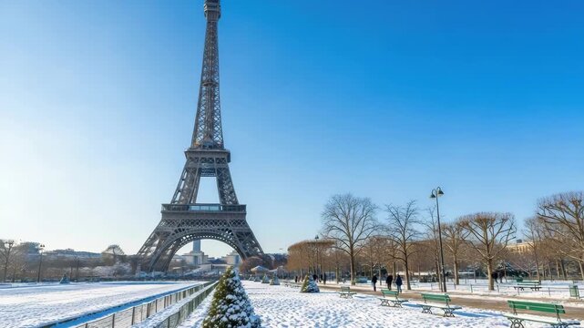 grand metal lattice monument stands tall against brilliant blue sky Snow covers the parks ground featuring bare trees green benches winding path with people and decorative shrubs