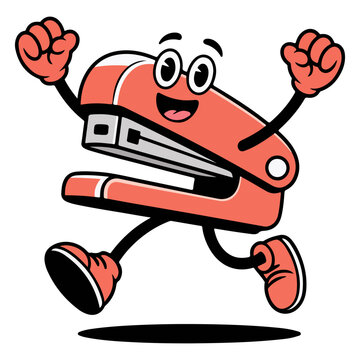 An illustrated staple, a happy character running with open arms. The stapler has a bright red color and a friendly face. 