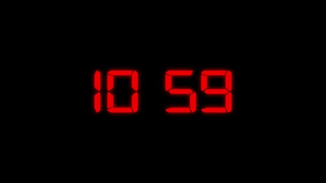 Red color digital timer number icon animation . Digital clock with time 10 hours 59 minutes on black background.