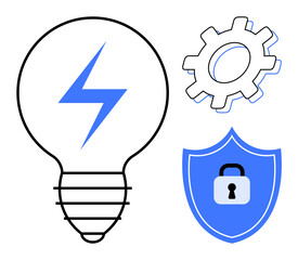 Lightbulb with a lightning bolt, gear symbol, and shield with lock emphasize innovation, technology, and safety. Ideal for energy, creativity, security, productivity tech concepts problem-solving