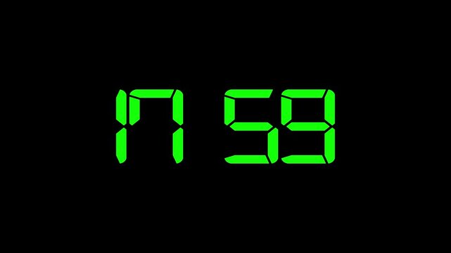 Green color digital timer number icon animation . Digital clock with time 17 hours 59 minutes on black  background.
