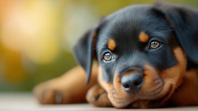 Rottweiler puppy: A close-up shot of an adorable rottweiler puppy, with a soft gaze, relaxing on a warm day, captivating hearts with its puppy-dog eyes.