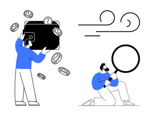 Giant wallet with falling coins held by a person, another holding magnifying glass analyzing patterns. Ideal for finance, savings, budgeting, analysis, audit, wealth discovery. Simple flat metaphor