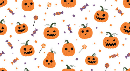 Fototapeta premium A charming seamless pattern featuring cute jack o lanterns and assorted Halloween candies for festive decorations.