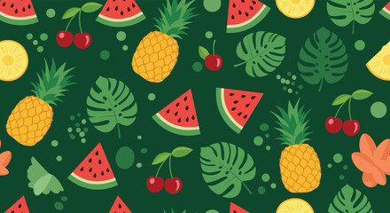 A vibrant tropical fruit pattern featuring pineapples watermelons cherries and monstera leaves.