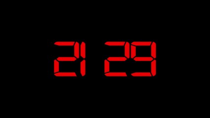Red  color digital timer number icon animation . Digital clock with time 21 hours 29 minutes on black  background. - Powered by Adobe