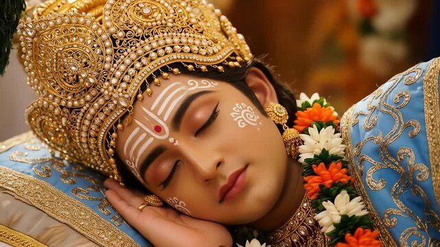 Sleeping Young Person In Traditional Attire With Crown Face Paint And Floral Garland In Soft Lighting Against Blurred Background