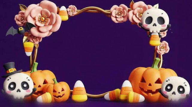 dramatic deep purple halloween frame with carved pumpkins candy corn and dark roses for a moody floral border