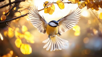 A blue tit bird with outstretched wings, perched on a branch with autumn leaves.