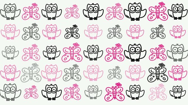 Seamless animal repeating pattern of colorful owls and butterflies suitable for childrens products, wallpaper, fabric, and stationery designs.