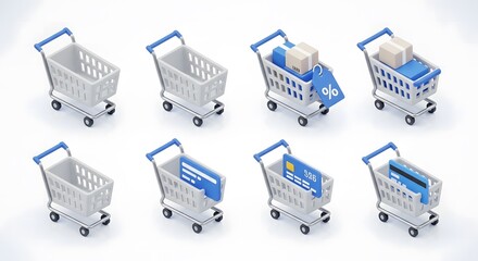 3D rendered shopping cart icon set depicting the online buying process adding products, applying discounts, and completing secure digital payments for e-commerce websites