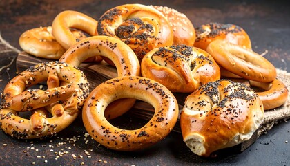 Assorted baked pretzels and rolls