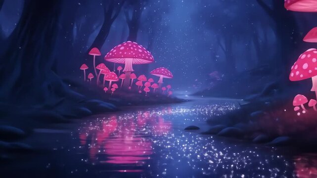 Enchanted Forest Illustration with Luminous Pink Mushrooms Reflected in a Twinkling Stream at Night Fantasy Landscape Scene with Magical Glow Digital Artwork