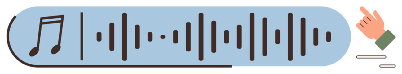 Musical note, soundwave, and hand gesture illustrating audio control, volume management, or playback. Ideal for sound technology, music production, entertainment, user interface accessibility