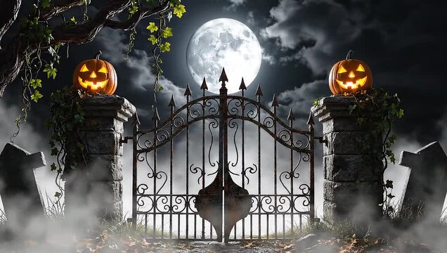 Foggy Pier with Lanterns and Pumpkins