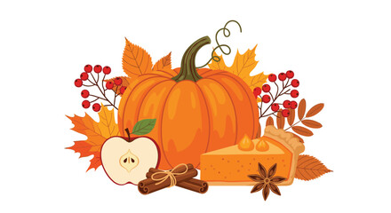 A vibrant and festive autumn harvest featuring a large pumpkin surrounded by colorful fall leaves an apple a slice of pie and cinnamon sticks.