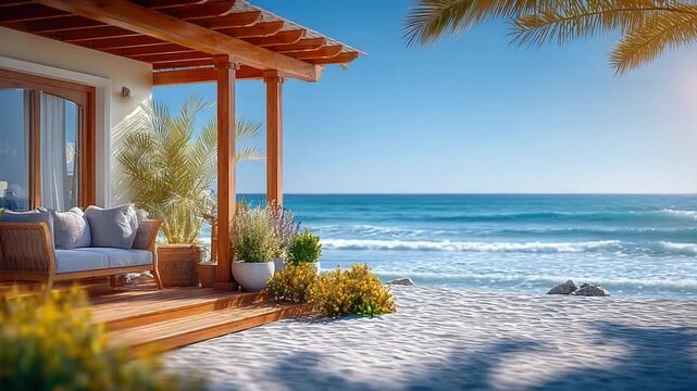 Beachside Paradise: A sun-drenched vista unfolds, where a cozy veranda offers a tranquil escape, with the rhythmic embrace of the ocean and a boundless sky.
