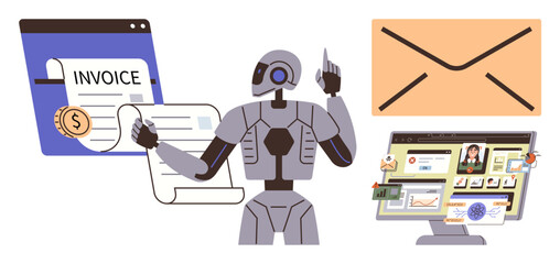 Robot interacting with invoice document, envelope and computer screen showcasing workflow automation. Ideal for finance, communication, technology, innovation, office, AI operations, digital