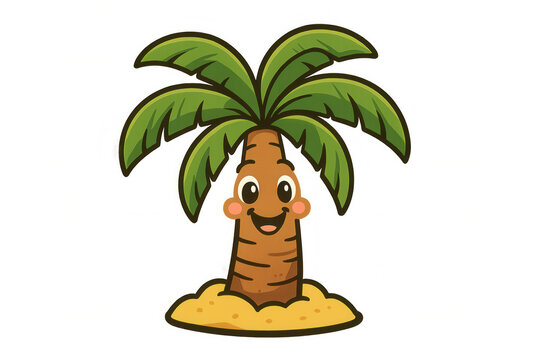Happy cartoon palm tree character standing on sandy ground, smiling, ready for a tropical summer vacation