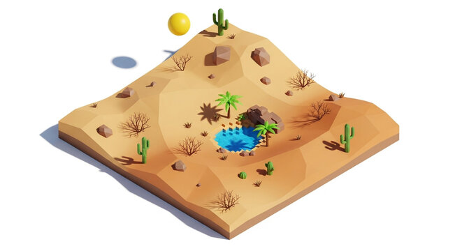 Isometric desert oasis with palm trees, pool, cacti, and rocks isolated on white background a tranquil scene of life in the arid landscape