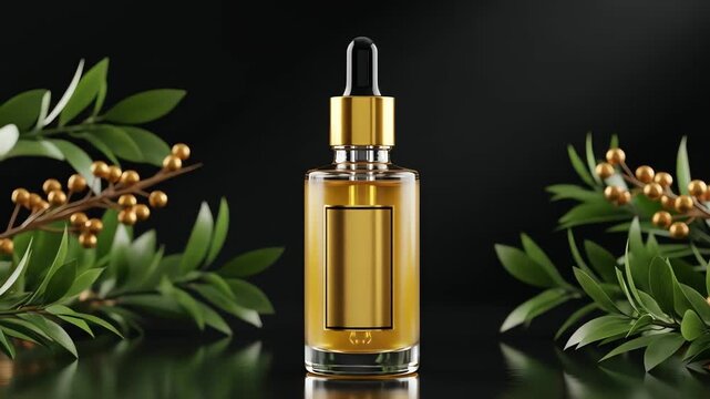 Elegant Cosmetic Oil Bottle with Golden Accents and Lush Green Foliage Against a Dark Background for a Luxurious Aesthetic